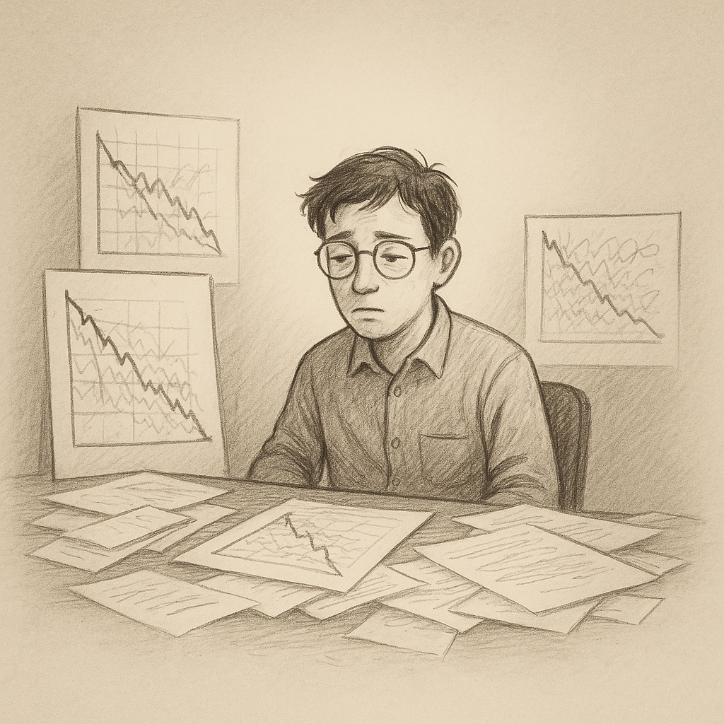 Engineer at cluttered desk surrounded by burndown charts and scattered papers, illustrating focus on strengths not weaknesses