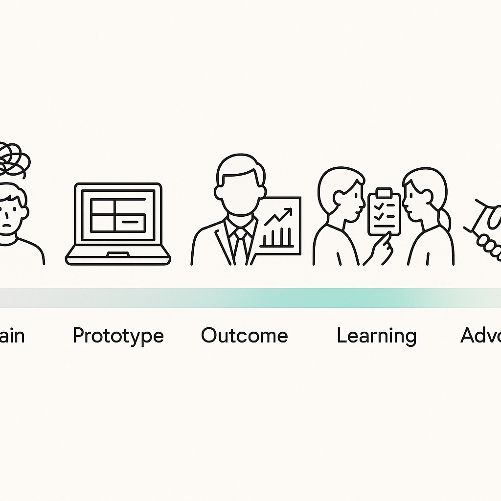 Five-step flow to get buy-in for uncertain projects: showing pain, prototype, business outcome, learning plan, and early advocacy