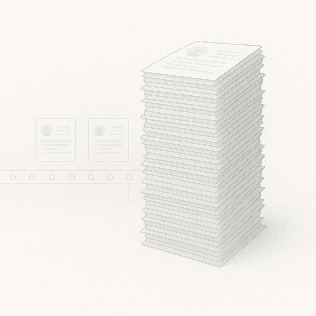 Tall pile of faded, identical resumes beneath a subtle conveyor in a minimalist setting, suggesting how to get hired without a resume