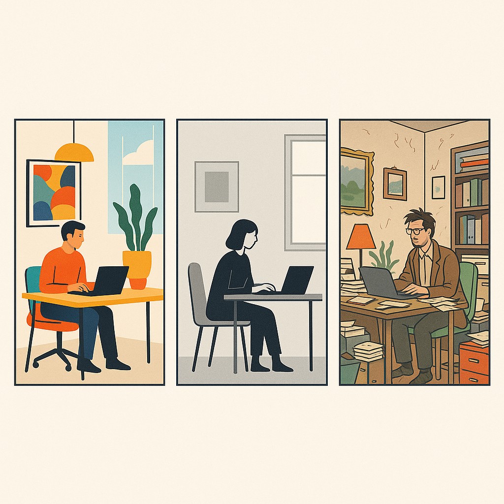 How to constrain AI prompts illustrated: three office scenes with clashing styles—one colorful and modern, one muted and minimal, one chaotic and cluttered