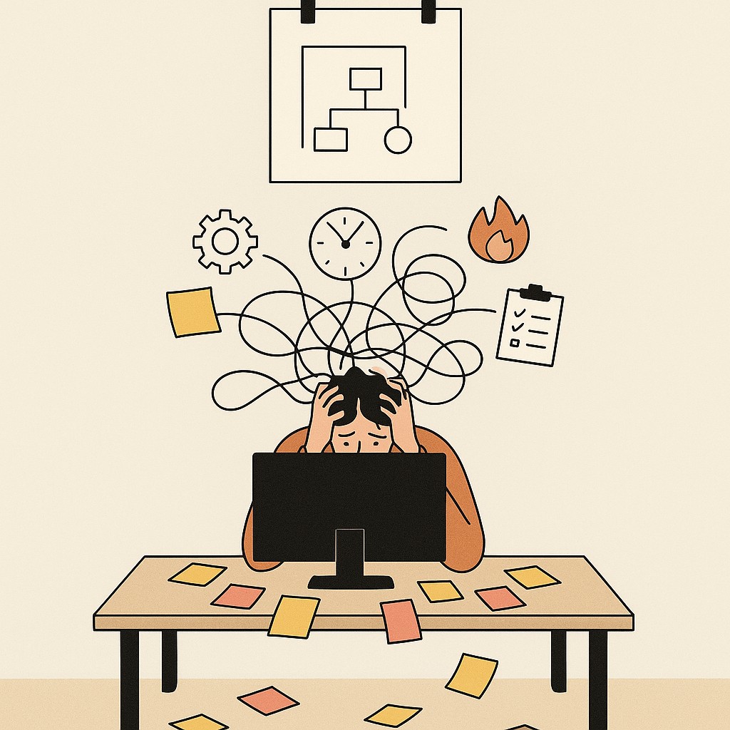 Engineering manager with sticky notes, tangled lines, and a neat plan above the desk—illustrating how engineering managers create leverage