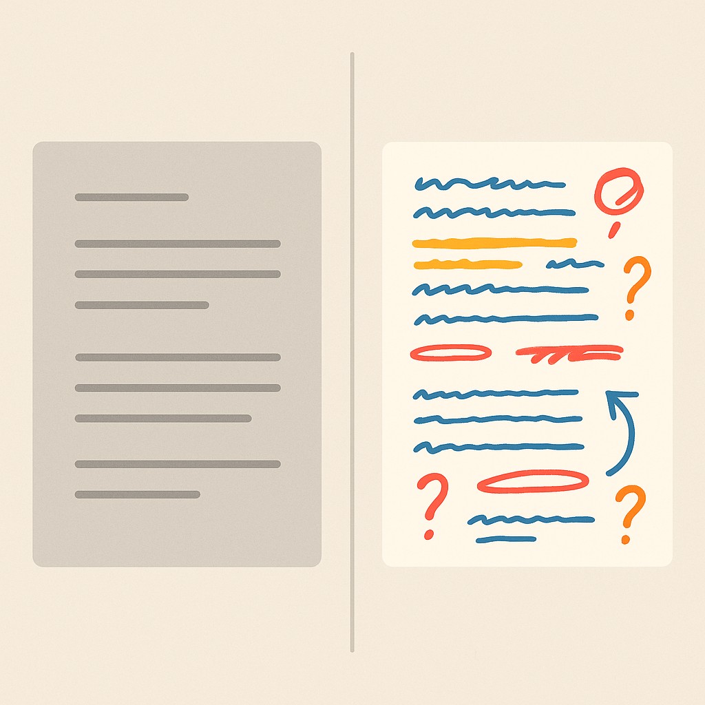 Two sheets side by side—one bland and gray, the other colorful, annotated, and expressive—showing how to iterate LLM prompts