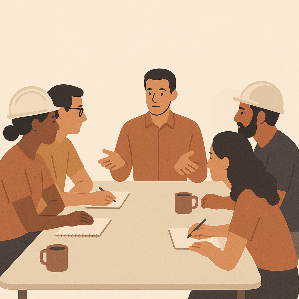 Leader models how to lead with questions, pauses as team leans in, focus shifts, collective curiosity sparks in a relaxed meeting