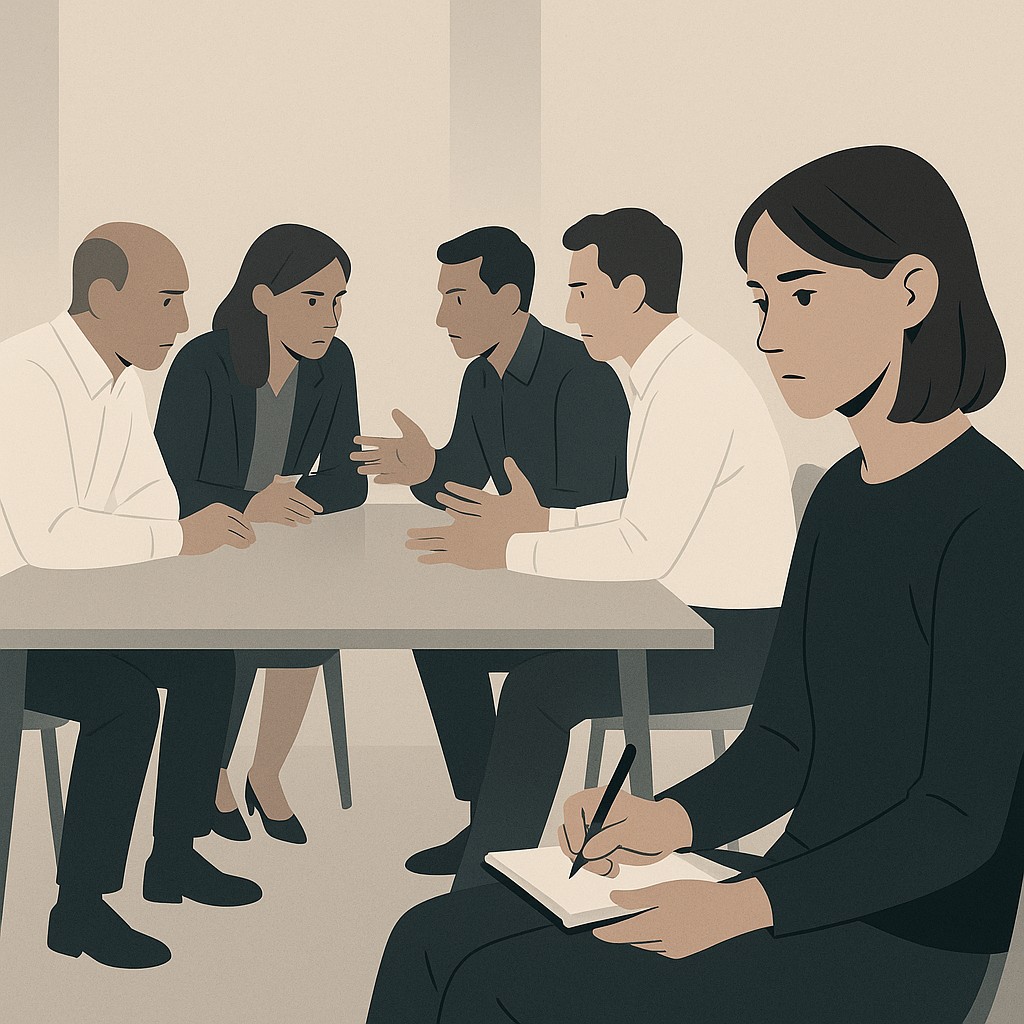 How to practice high-stakes engineering—person quietly taking notes while observing an intense team discussion in a conference room