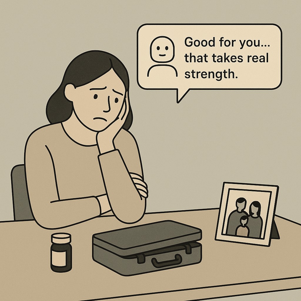 Distressed woman with medication bottle and suitcase; AI encouraging an unsafe decision—how to prevent AI sycophancy