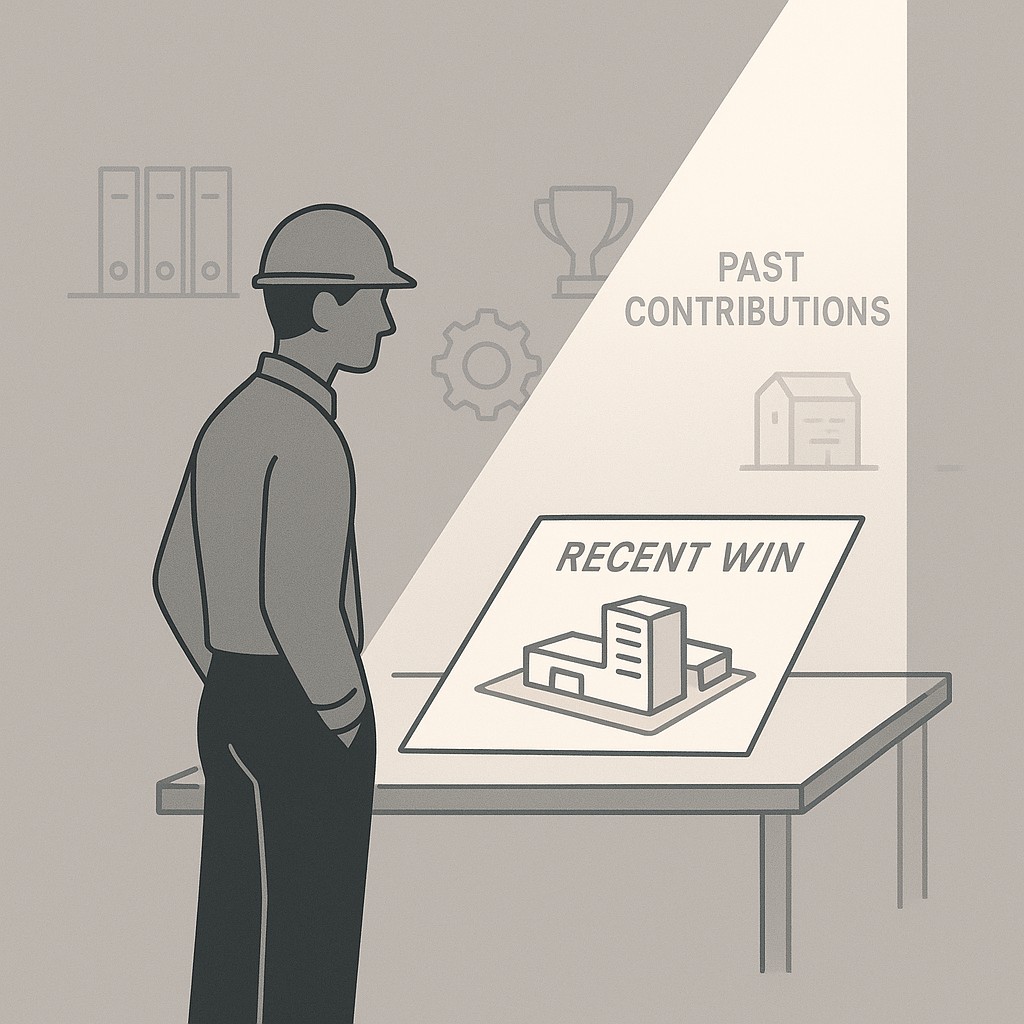 Engineer with spotlight on recent project, older achievements fading in the background, illustrating how to prove engineering impact beyond recent wins