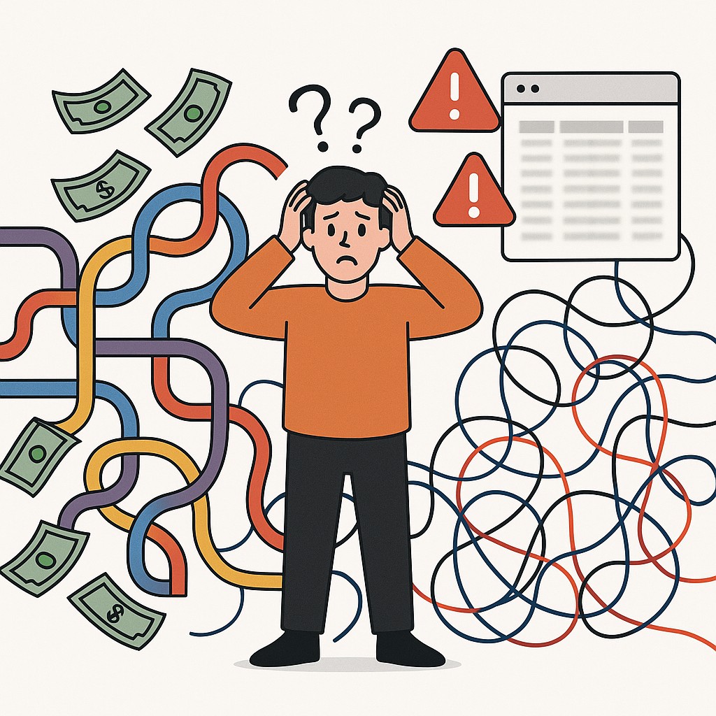 How to scale LLM applications illustrated as a tangled AI pipeline with money leaking and warnings, person overwhelmed by costs