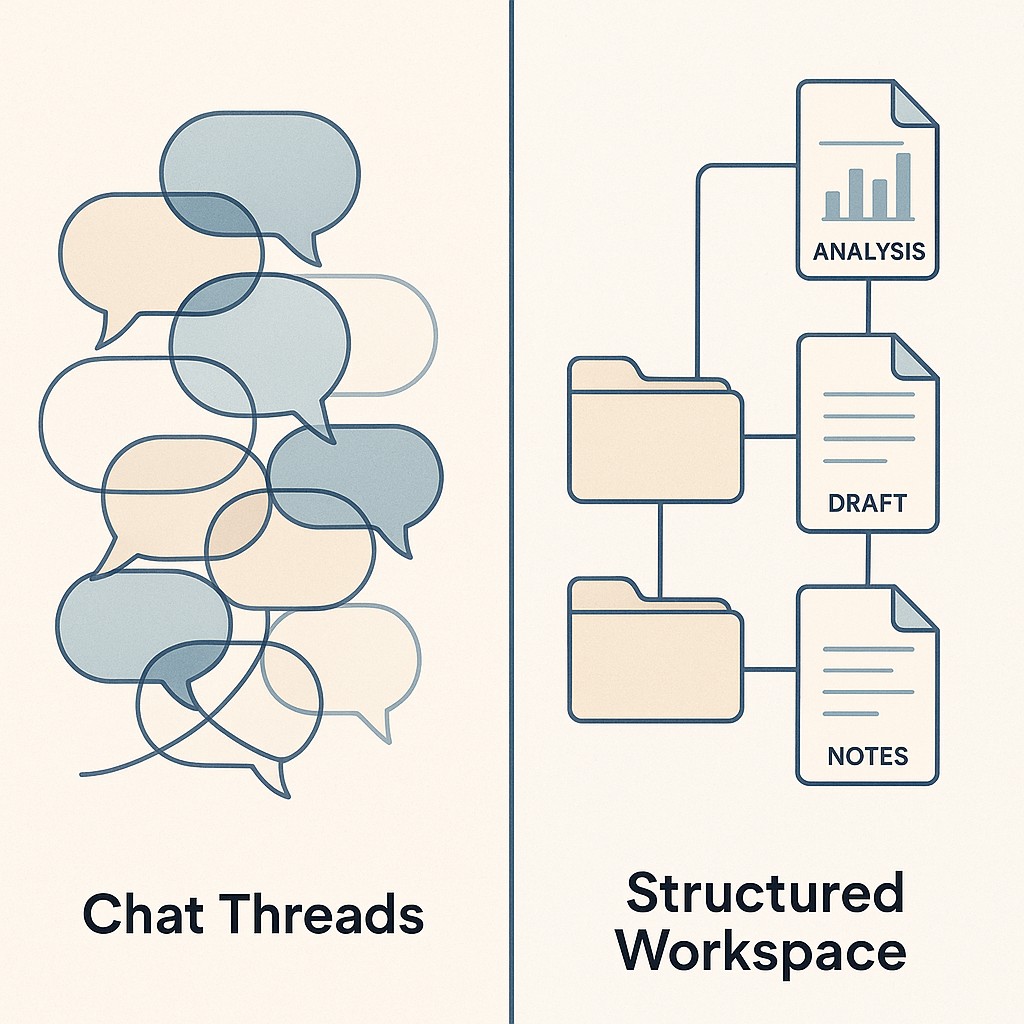 Split illustration of how to structure LLM workflows: tangled chat threads on left and organized folders with connected document icons on right
