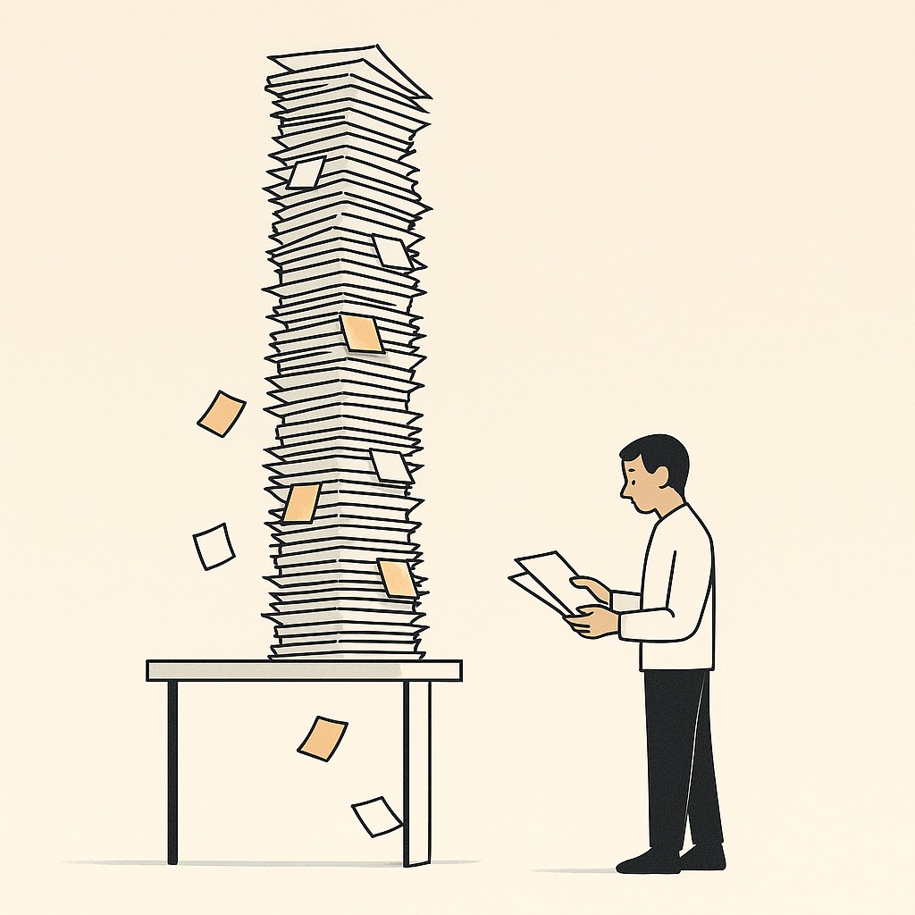 How to prioritize engineering work illustrated by a towering stack of documents overflowing a desk as a calm person picks just a couple of items