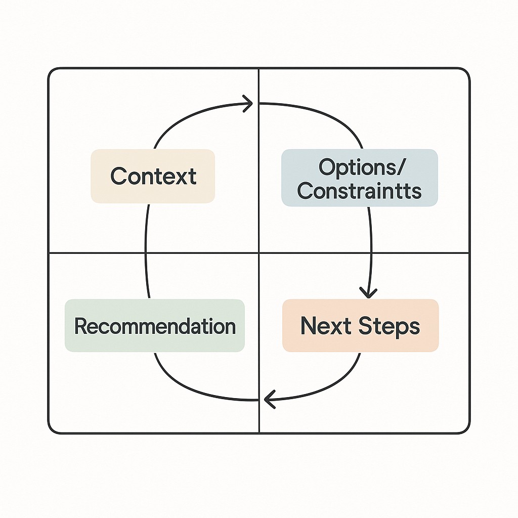 Diagram showing how to write for stakeholders with four key message sections and arrows tracing the decision-maker’s reading path