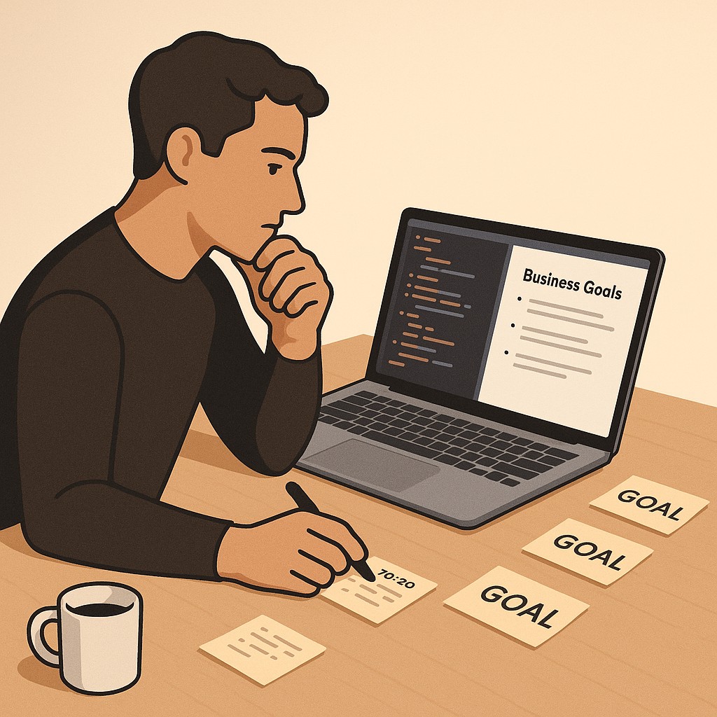 Founder workspace showing how to improve AI recommendations with context—laptop, code, and visible business goals blended together