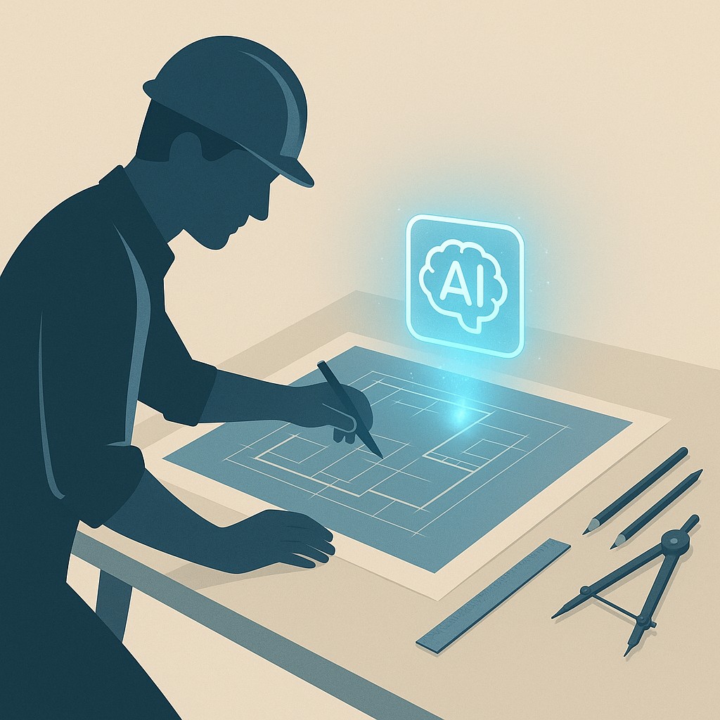 Engineer sketching building blueprint with holographic AI overlay on drafting table to improve decision quality with AI