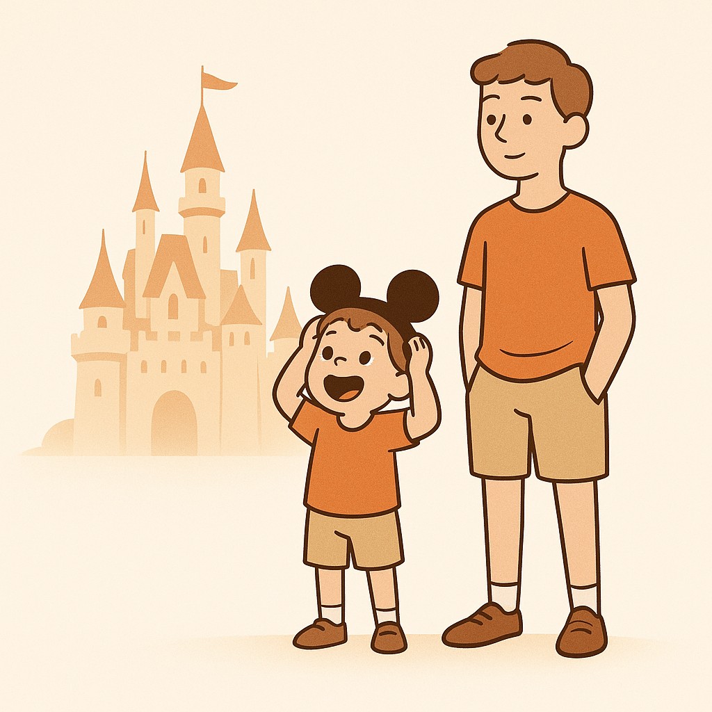 Child marvels at cheerful castle while teen stands beside, more reserved and amused—reminder to invest in memory dividends