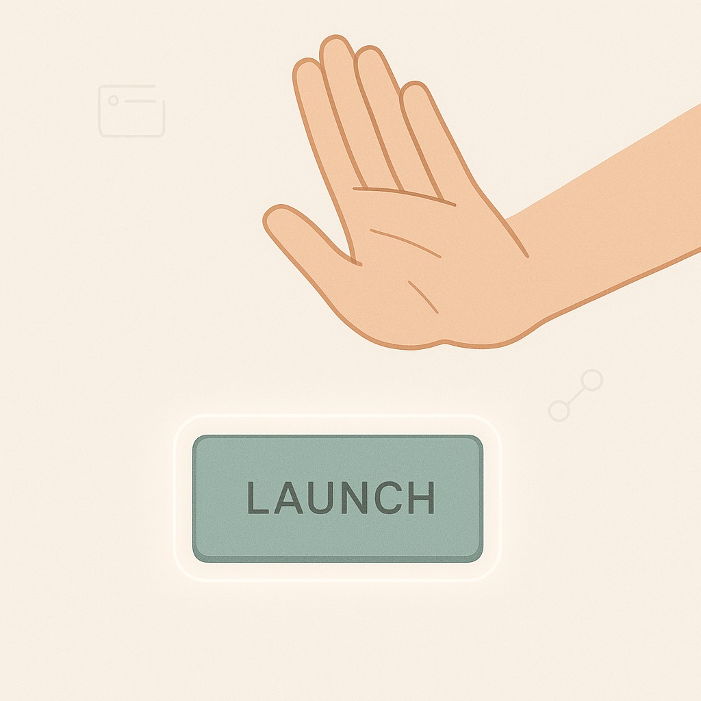 Human hand poised above a launch button, pausing automated process to keep human judgment in AI