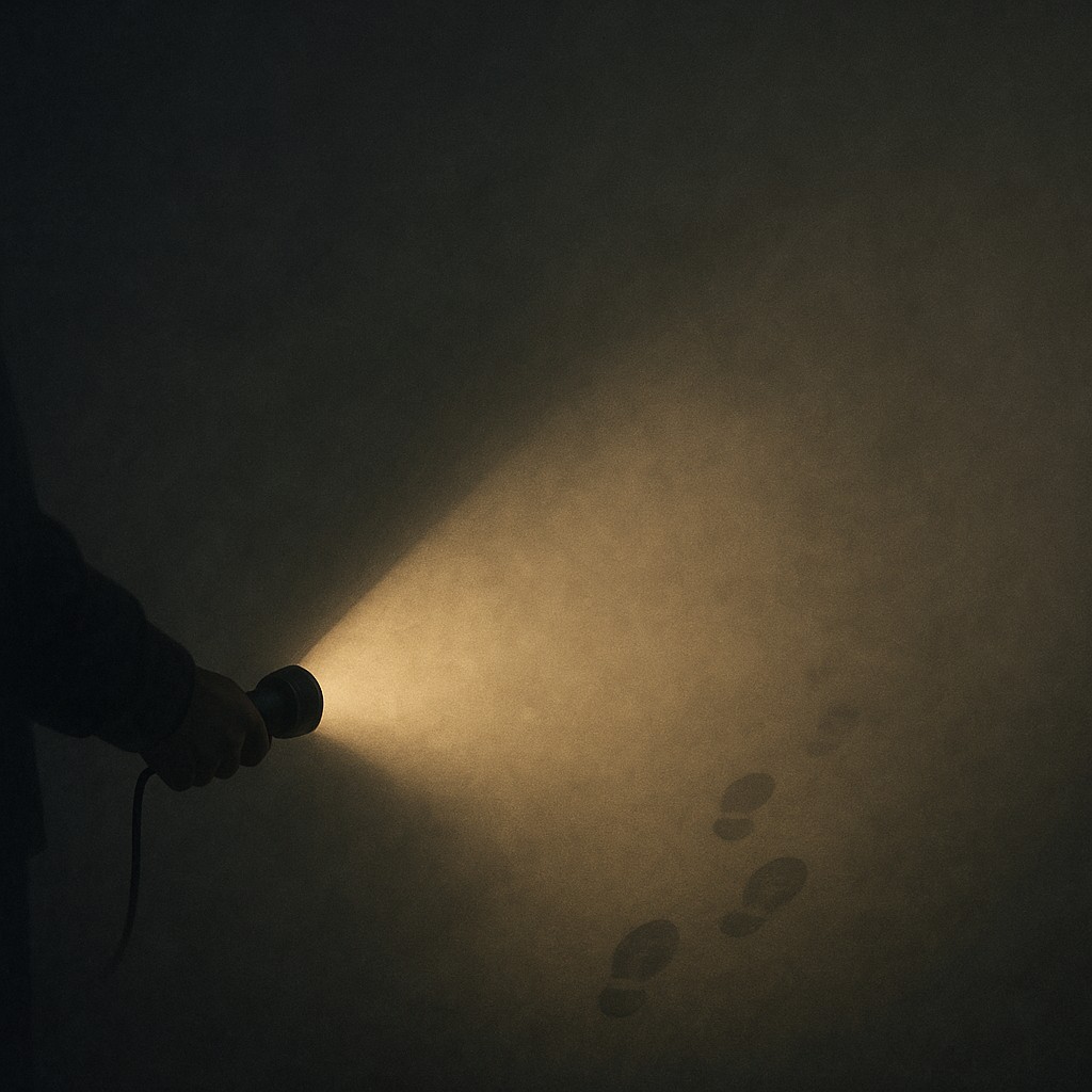 A flashlight beam reveals faint footsteps in heavy fog, illustrating how to lead engineering teams under uncertainty
