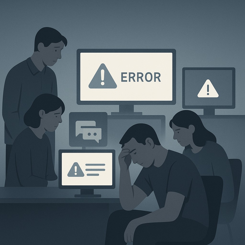 Leading engineering teams after failure captured: engineering team gathered around monitors, visibly anxious in a tense launch failure moment