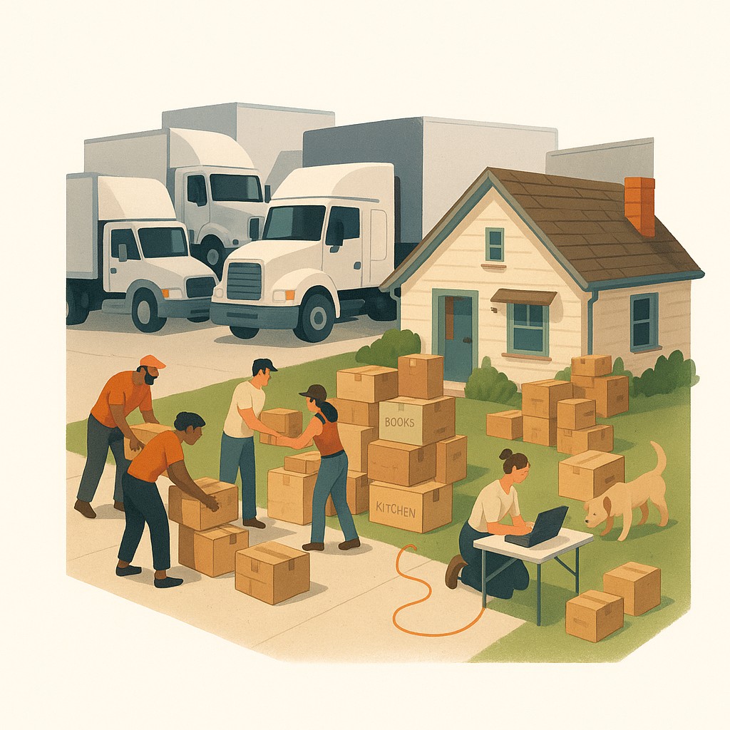 Leading engineering teams under constraints illustrated by semi-trucks by a suburban house with people unloading boxes onto the lawn in an improvised setup