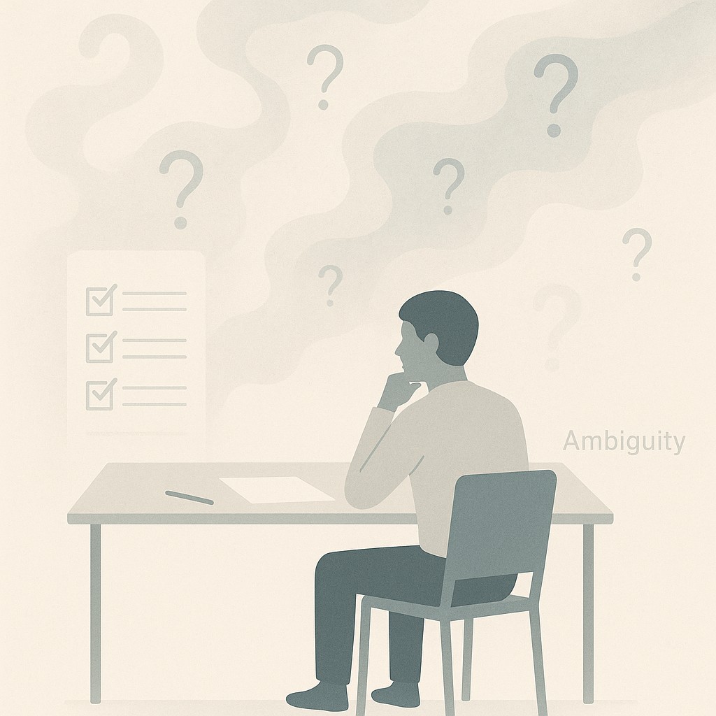 Person at desk with completed checklists and a swirling fog of uncertainty in the background, leading through AI ambiguity