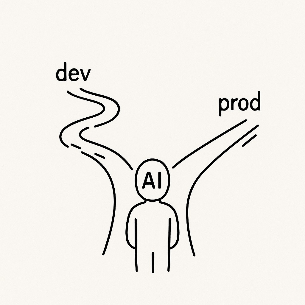 Abstract agent figure illustrating least privilege for AI agents at a fork, choosing the smooth, direct path to production over a winding dev route