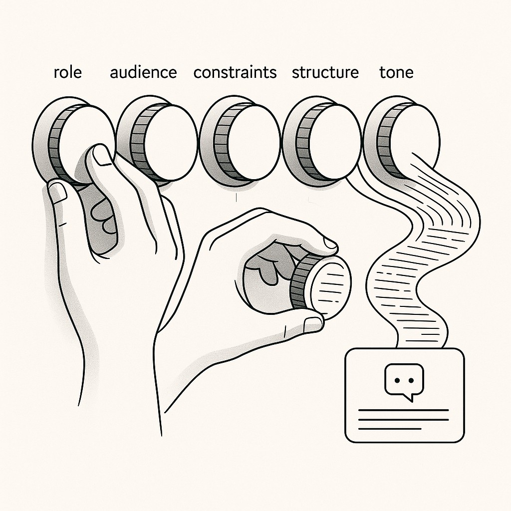 LLM prompt engineering best practices illustrated by hands adjusting labeled dials for prompt elements with output text flowing smoothly