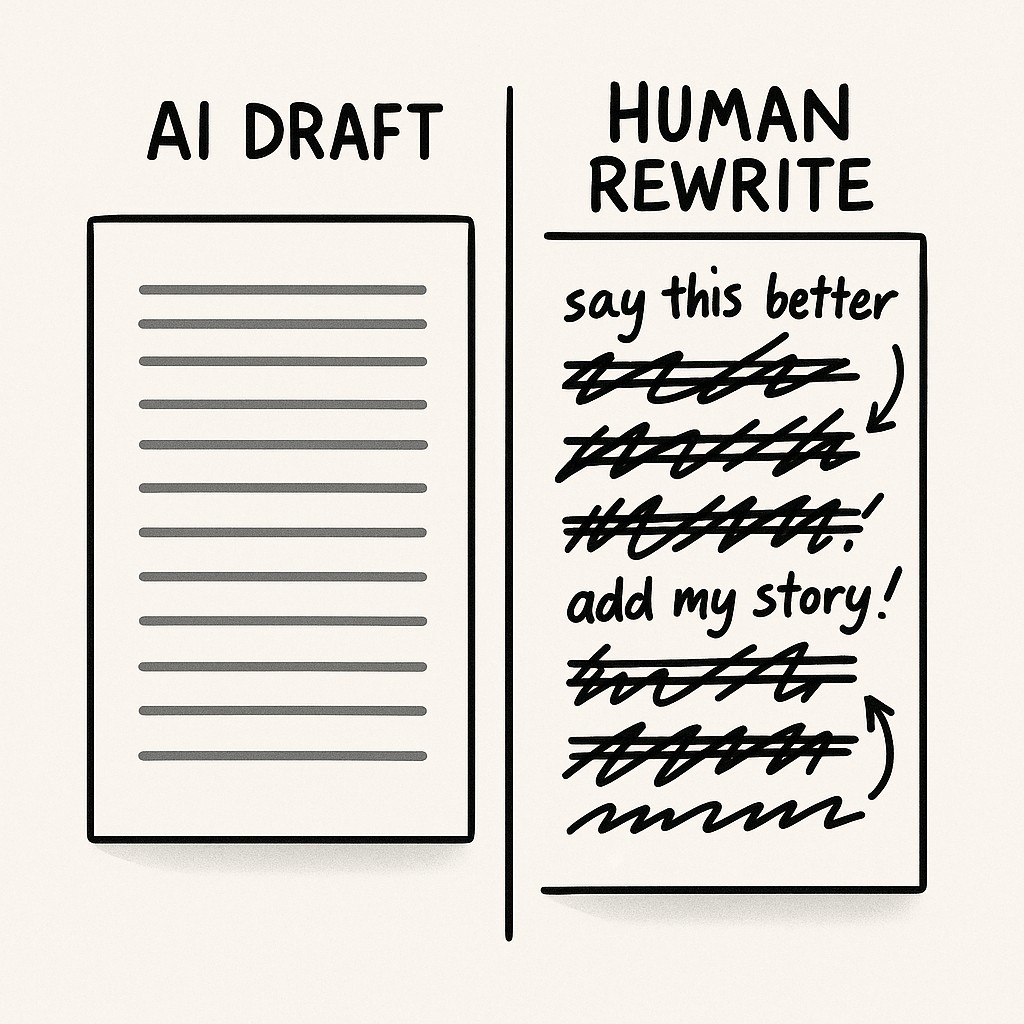 Maintain authentic voice with AI illustrated: two blog excerpts side by side—generic draft contrasted against marked-up rewrite with handwritten notes