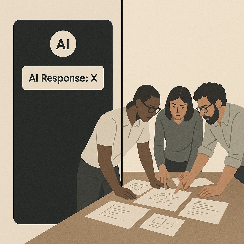 Contrast of AI giving fast answers with engineers debating to maintain engineering rigor with AI around a table with papers and diagrams