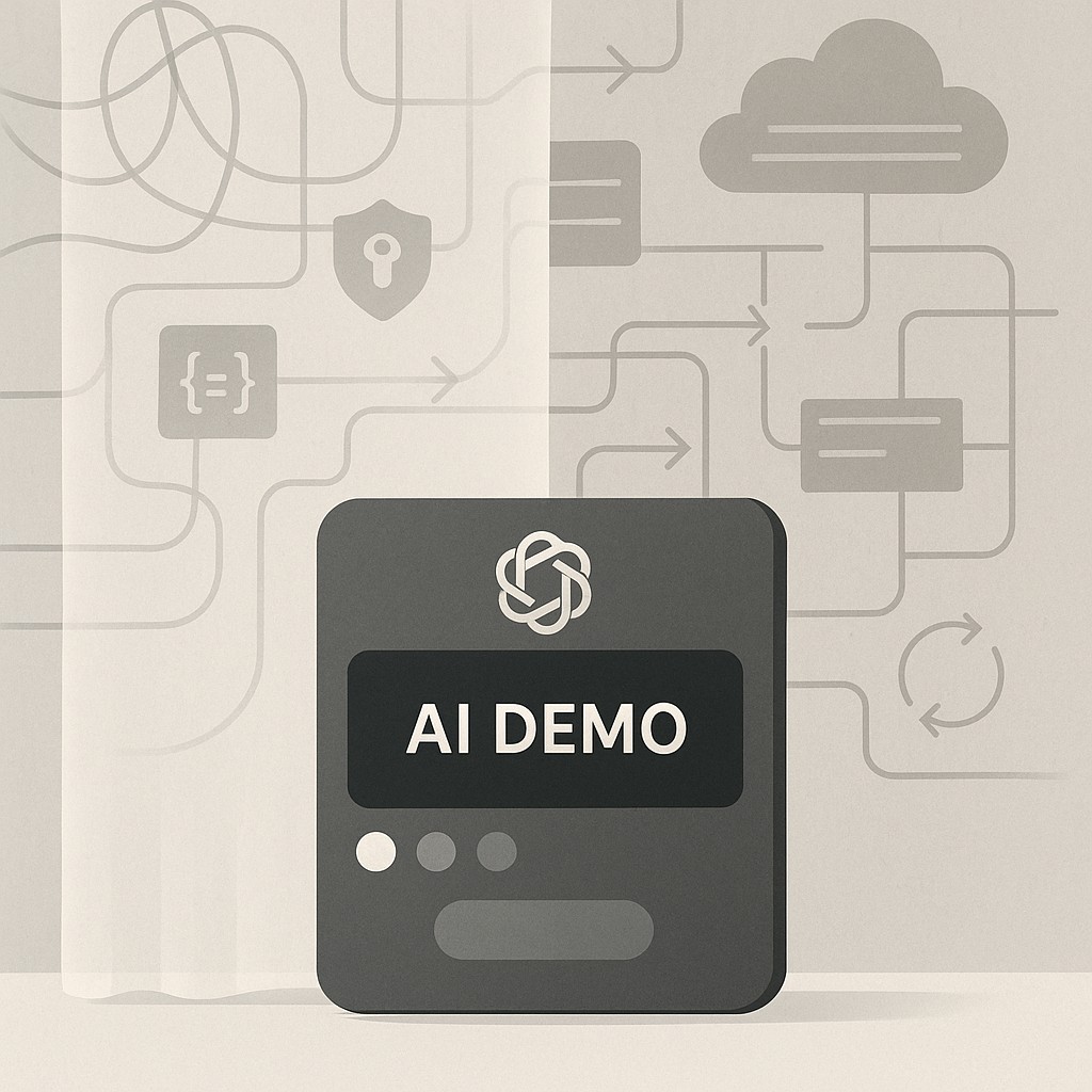 Make AI demos production-ready: a sleek demo interface up front with complex backend systems partially revealed behind a curtain