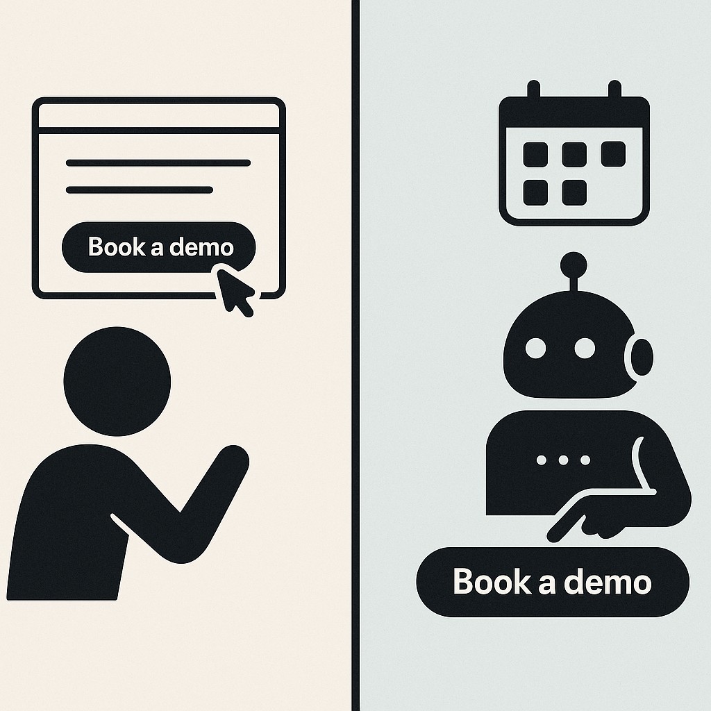 Side-by-side showing how to make content machine-actionable: a person clicking a button and an agent auto-booking a demo