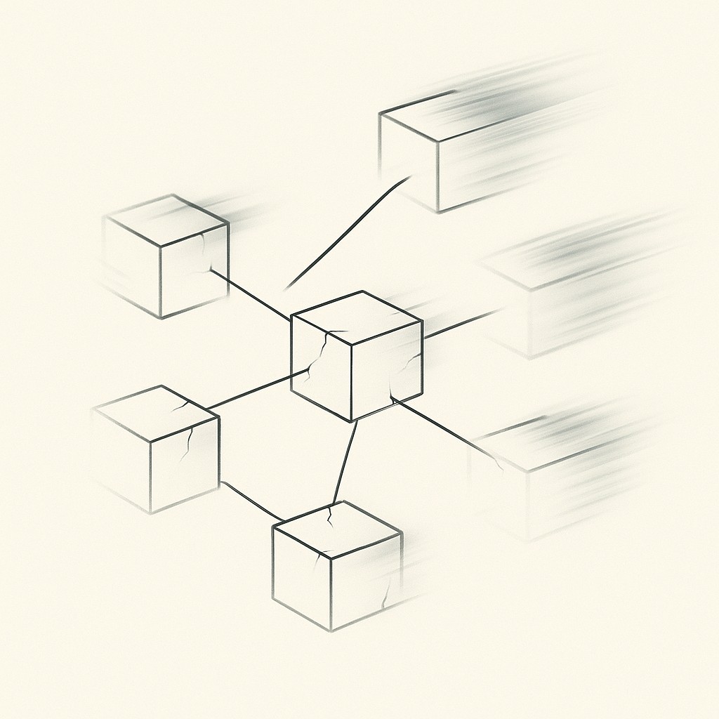 Illustration of managing AI development complexity with multiple connected blocks showing cracks and gaps hinting at fast movement and emerging fragility