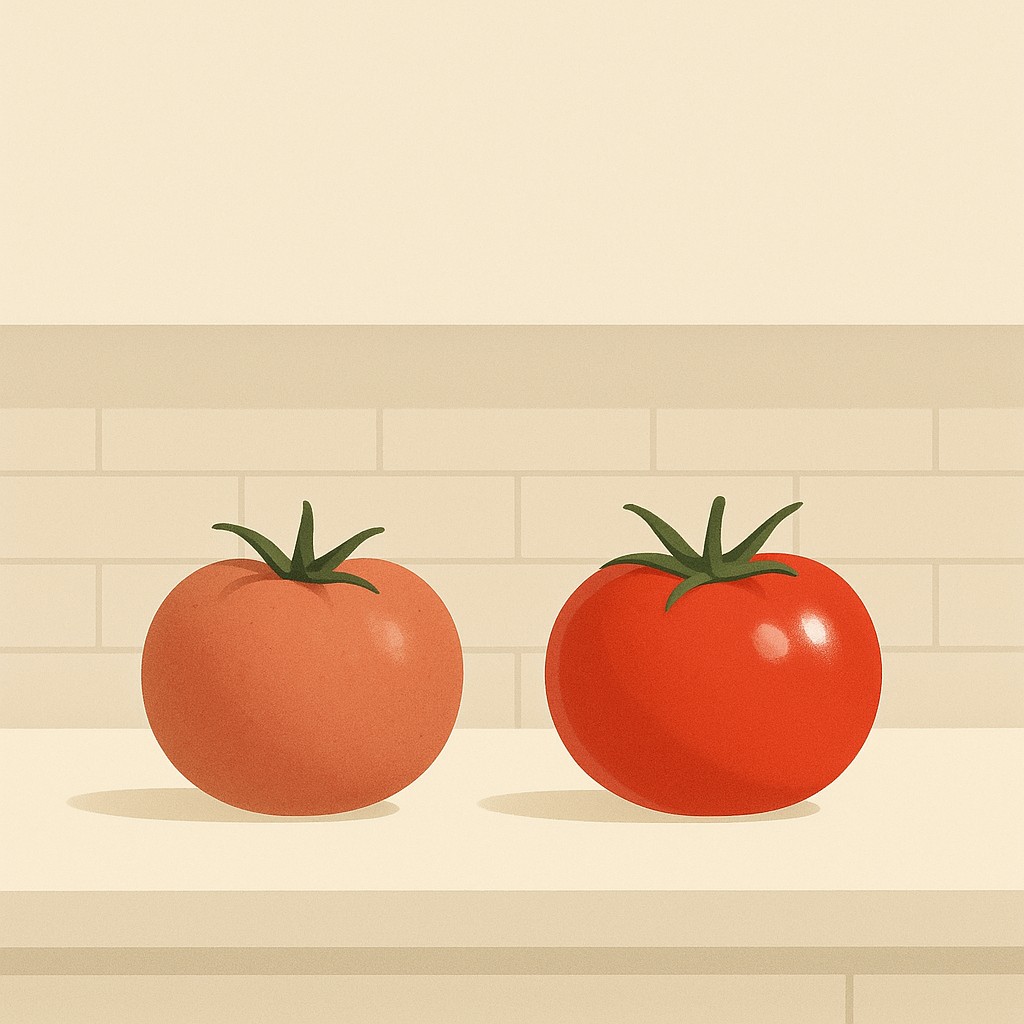 Two tomatoes side by side—one dull, one vibrant—illustrating how to maximize small purchase ROI on a minimalist kitchen counter