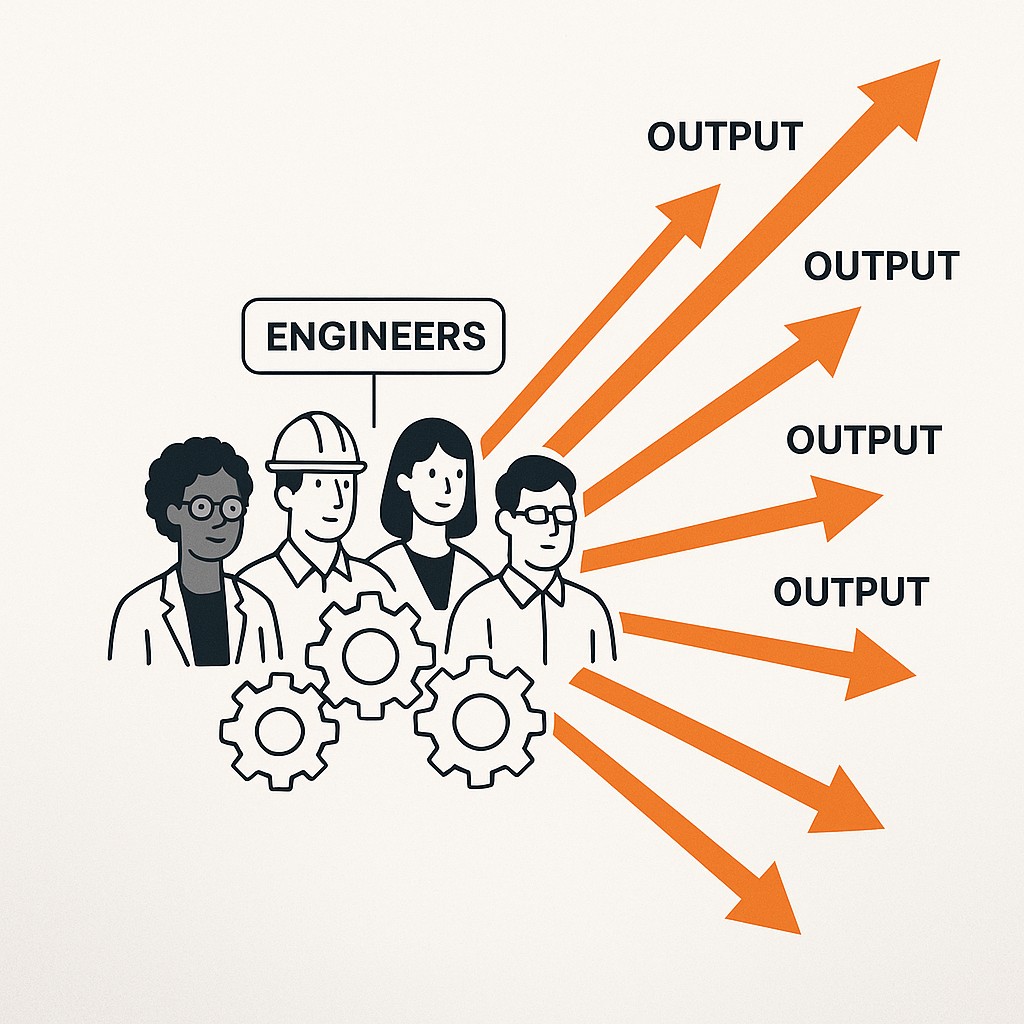 Small engineering team connected by lines multiplying output with arrows radiating outward to measure engineering leadership beyond headcount