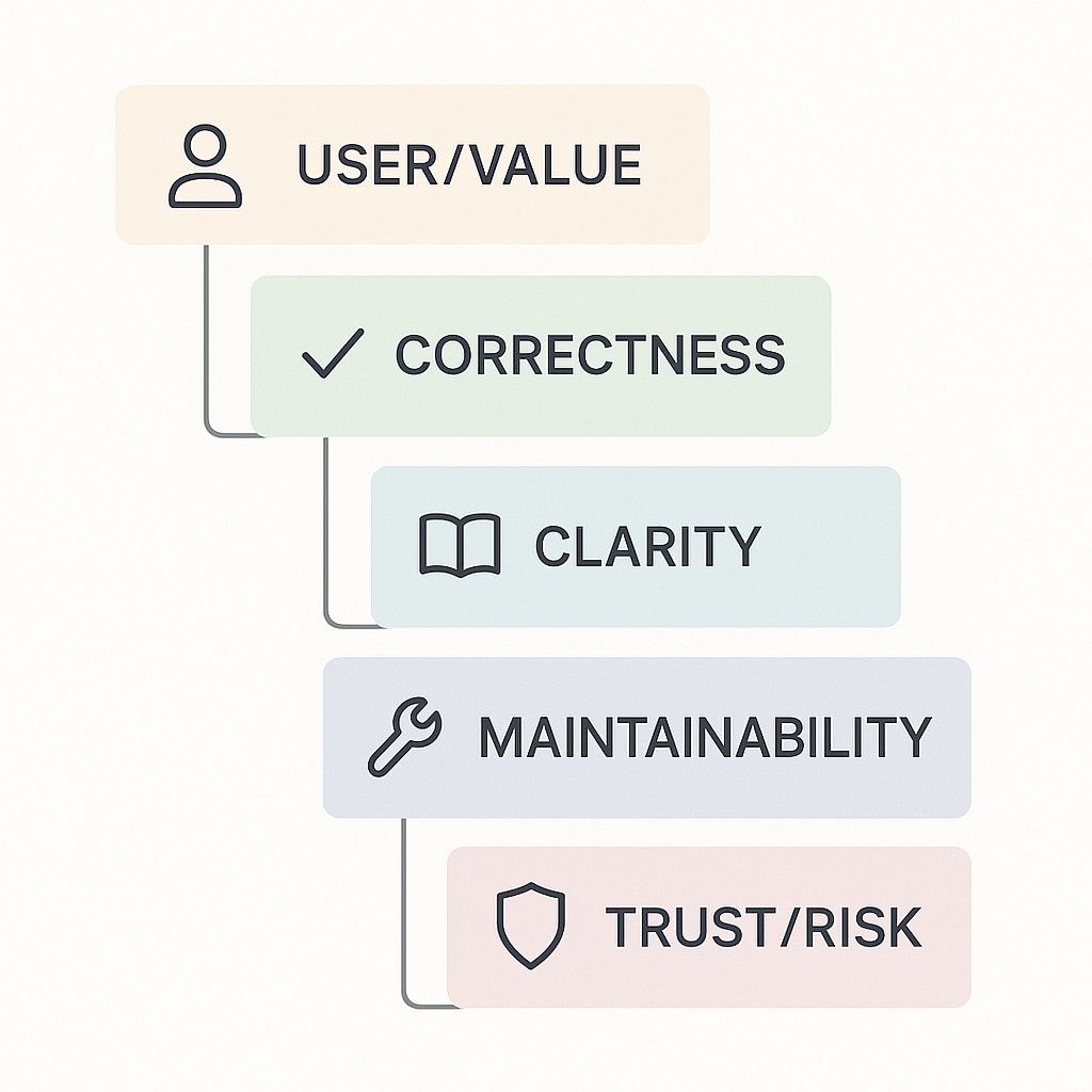 Checklist diagram for outcome-based review criteria highlighting user value, correctness, clarity, maintainability, and trust/risk in sequence