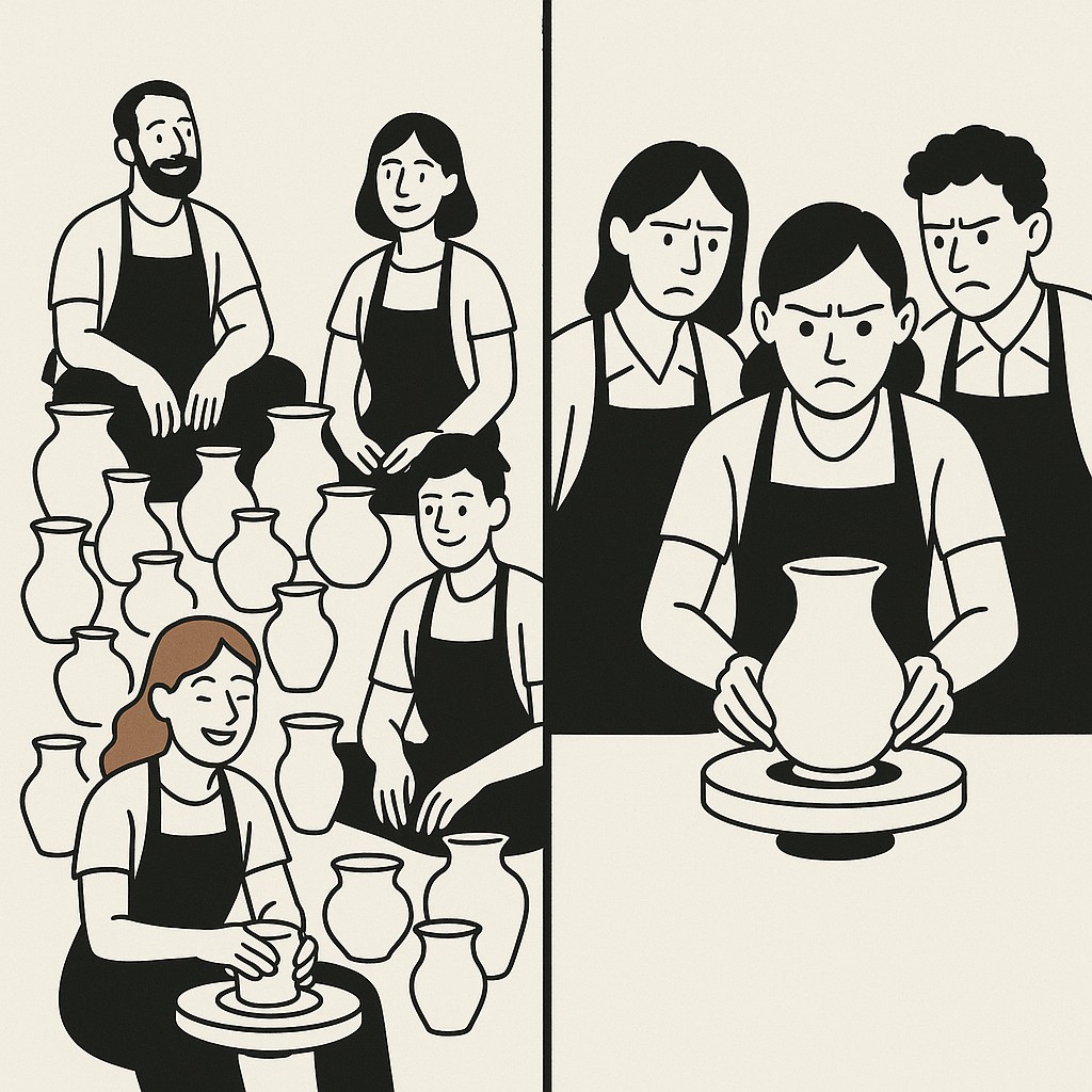 Two student groups—one with many diverse pots, one fixated on a single pot—show how to overcome perfectionism in engineering through iteration