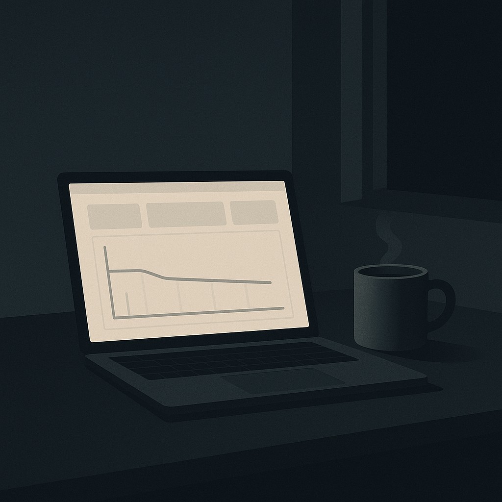 Dim workspace with laptop displaying a flat graph and coffee cup, evoking the quiet late-night perseverance of posting daily no growth