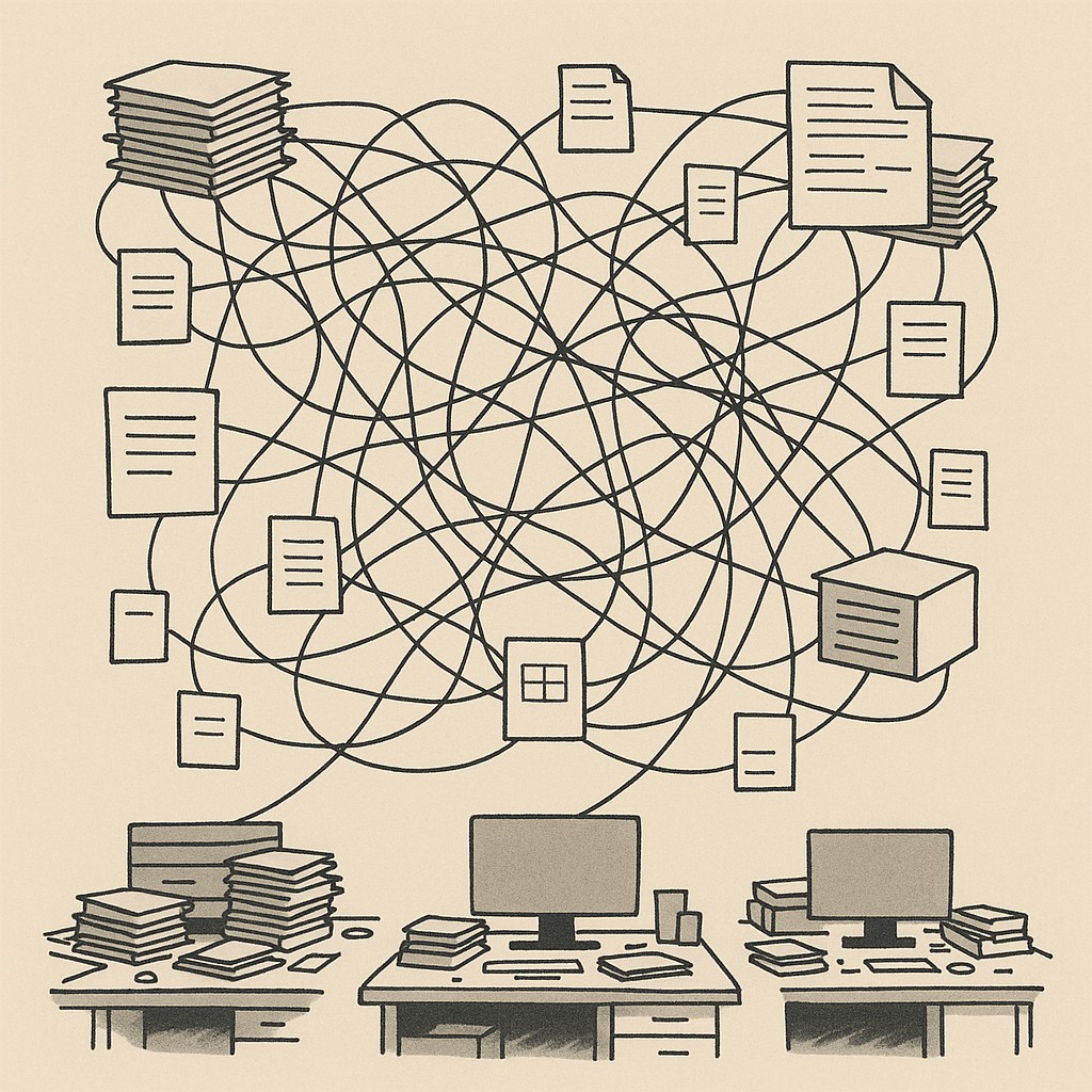 Tangled web of interconnected files and documents spreading across a cluttered workspace, highlighting the need to prevent knowledge debt