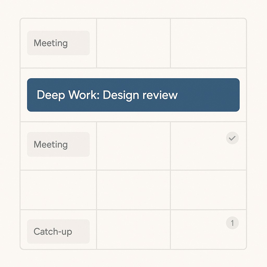Calendar grid showing how to protect deep work time with a single bold block labeled for deep work among lighter meeting events