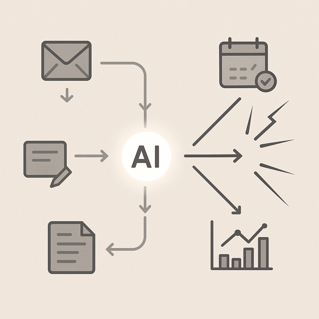 Reduce dependency on AI tools illustrated by linked workflow tasks collapsing from a single broken connection to an AI node
