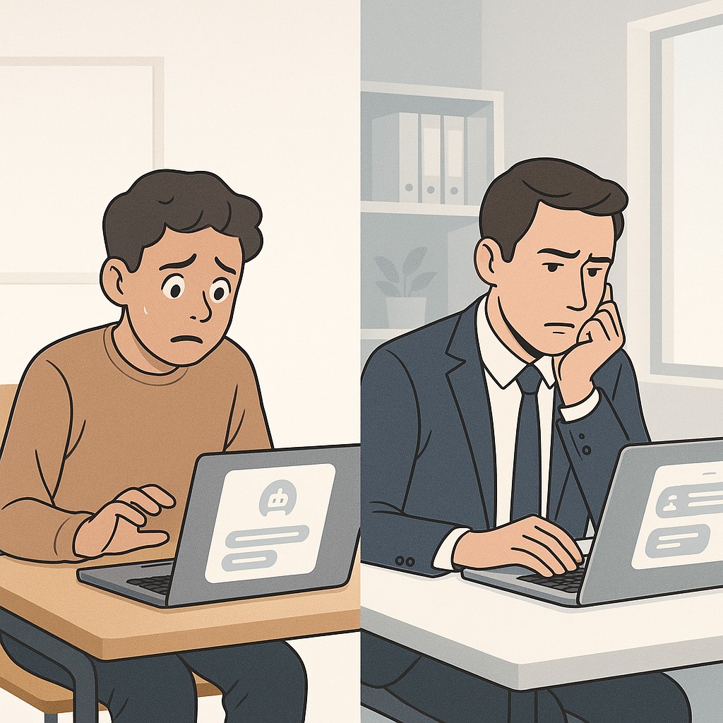 Student and worker using AI tools with contrasting emotions in classroom and office settings, illustrating efforts to reward responsible AI use