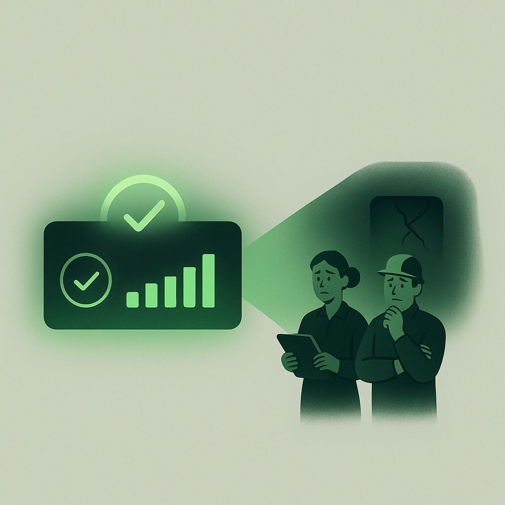 Green dashboard shows high coverage while fragile module sits ignored and engineers look uneasy—illustrating why a risk-based testing strategy matters