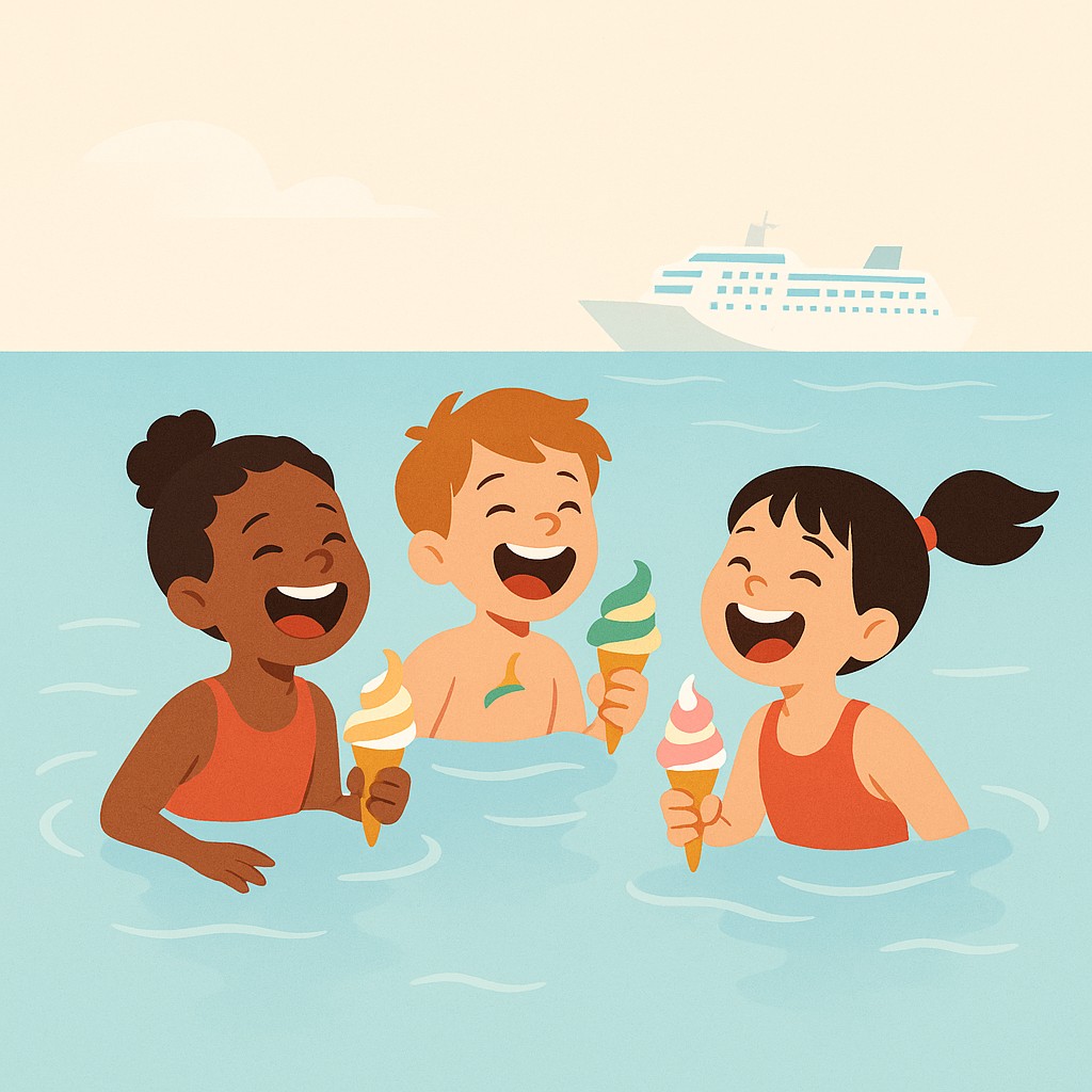 Kids laughing in a pool with soft serve cones, cruise ship faintly in background—satisficing vs optimizing in action