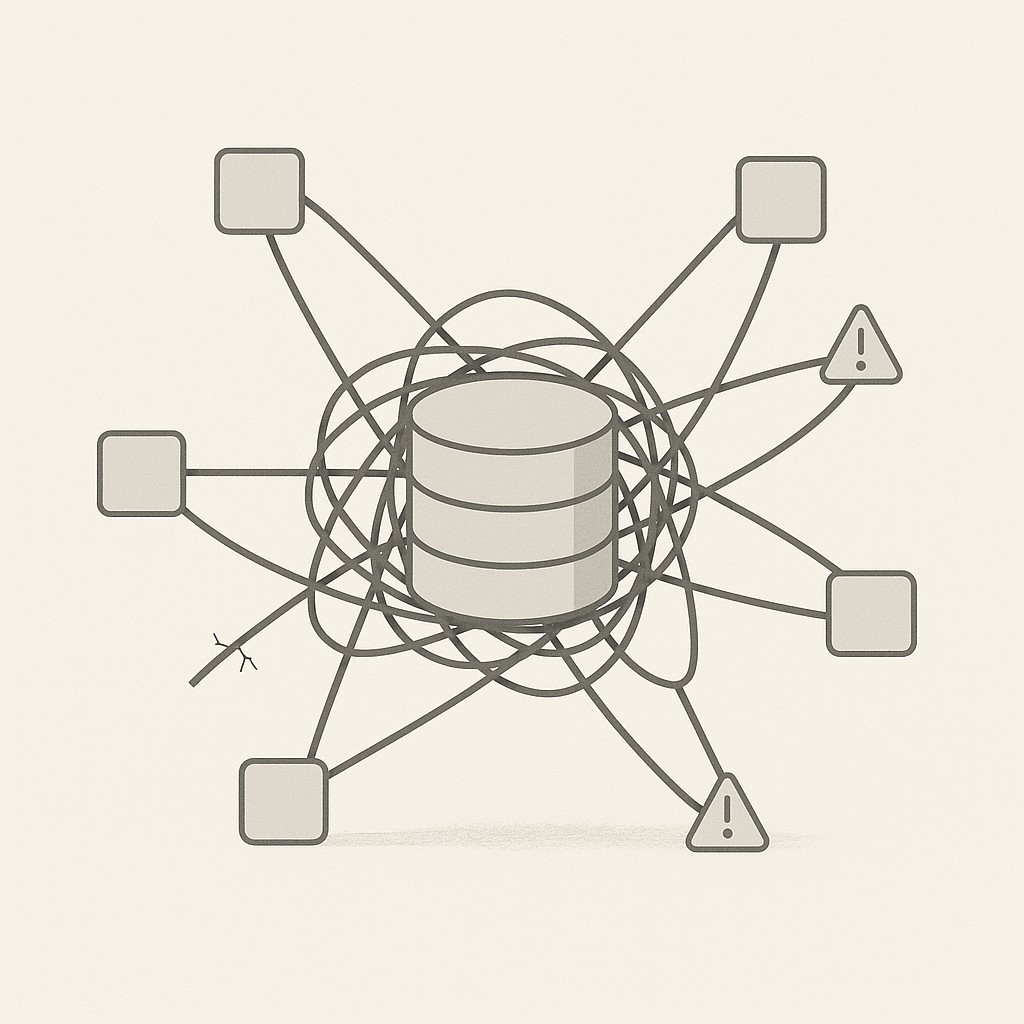 Tangled network of services tightly coupled to a central database, showing signs of stress and the need to scale engineering teams efficiently