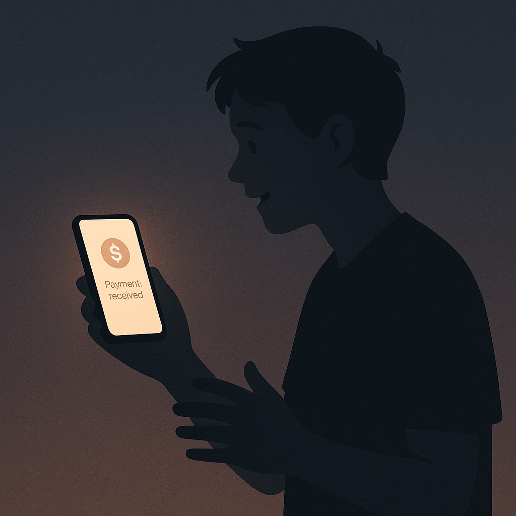 A person pauses in their evening room, surprised and excited by a payment notification on their smartphone—the first sell to validate moment