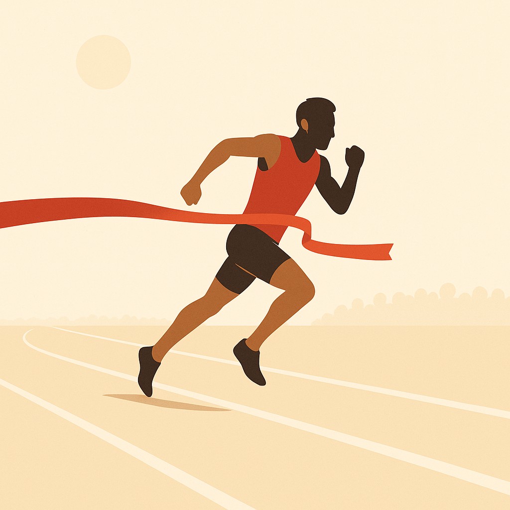 Focused runner nearing a bright finish line ribbon on an open track, illustrating how to set mastery goals for engineers