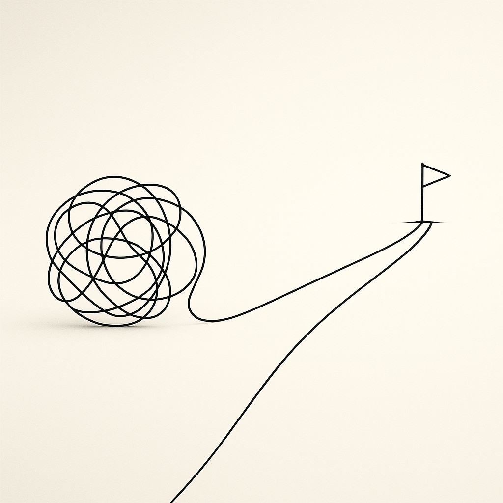 Simplify LLM reasoning: tangled ball of string beside a clear straight path leading to a goal