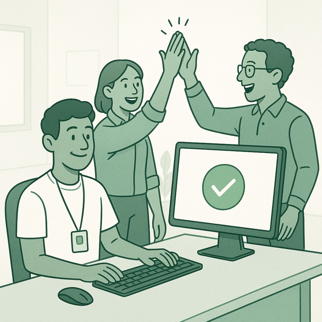 New developer smiling after a successful first commit that helps speed up developer onboarding, team members congratulating enthusiastically