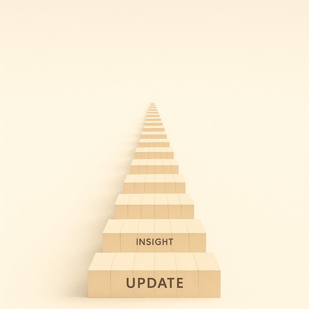 Small labeled blocks stacking to form a hallway, showing how updates compound over time when you start publishing with AI