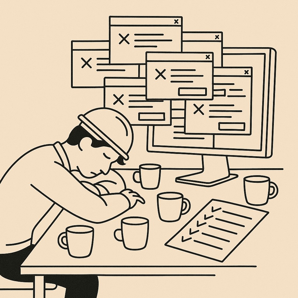 Tired engineer at messy desk facing endless error logs and coffee cups, trying to stop AI generic answers