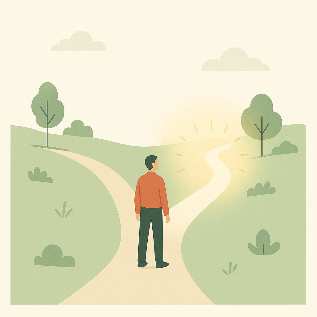 Leader at forked path pausing, one path glowing with team energy and story, illustrating storytelling for leadership decisions