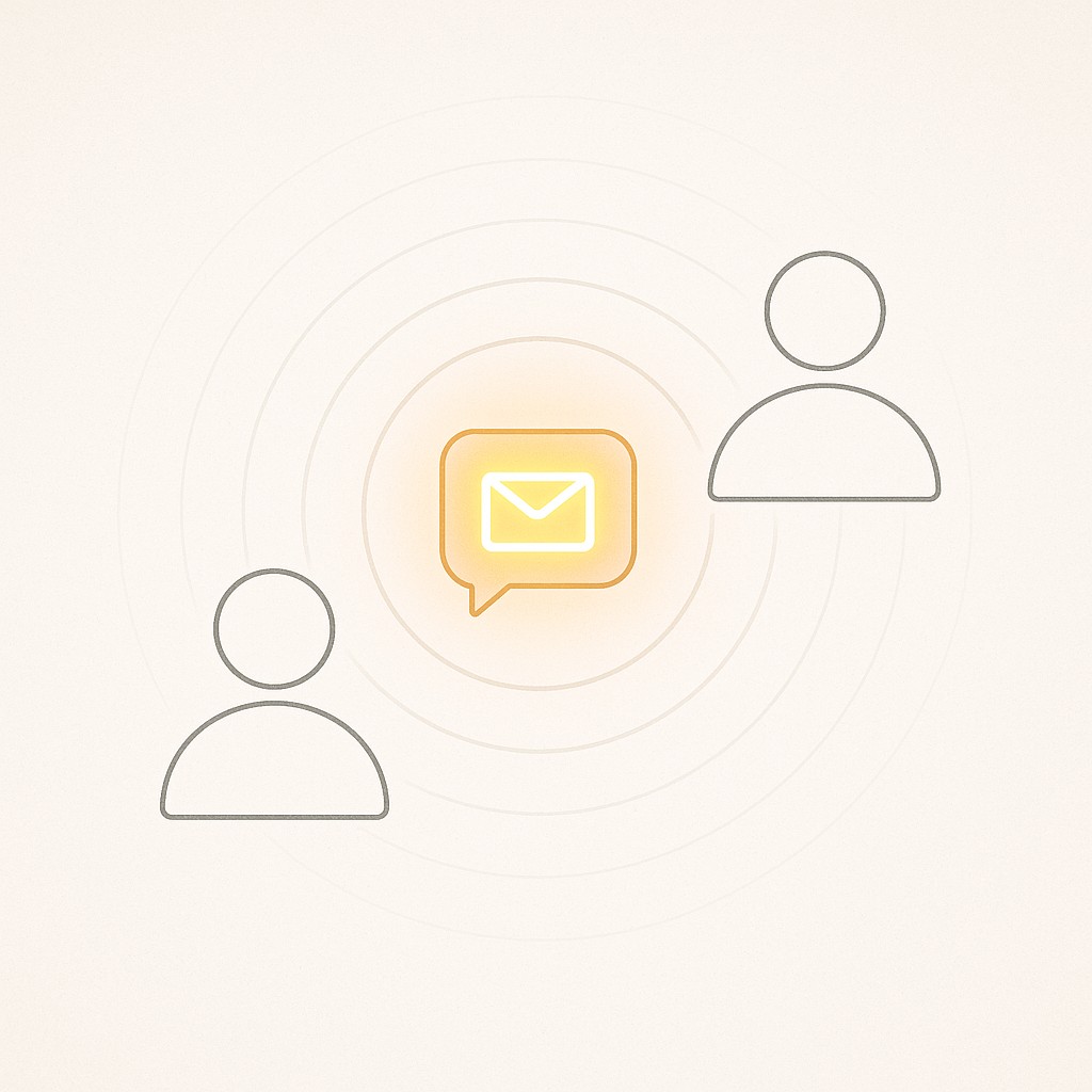 Glowing message icon between two figures with ripples radiating outward, symbolizing thought leadership for engineering leaders