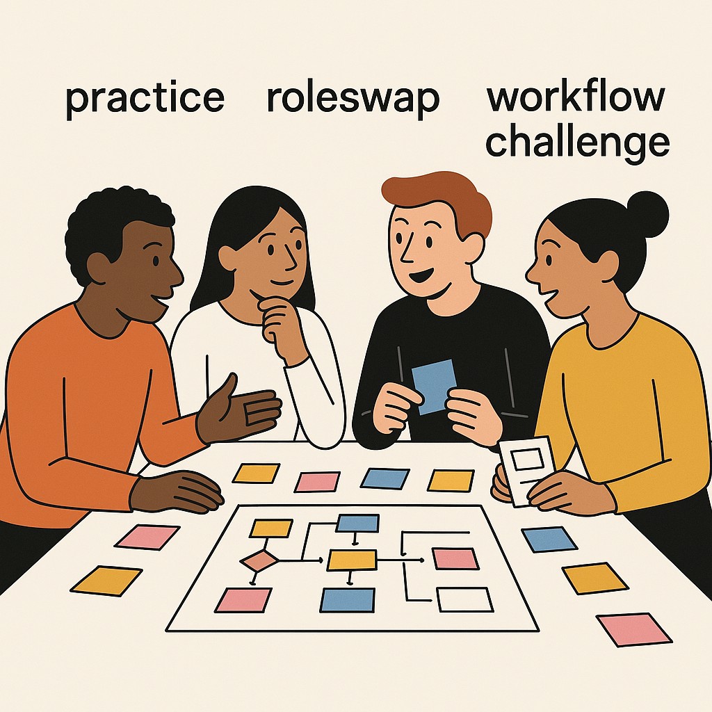 Diverse team engaged in a practice drill to train engineering teams for change, with workflow charts and post-its on the table